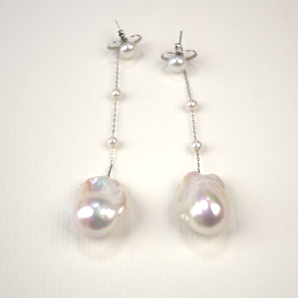 White Baroque Pearl Earring - Long Chain