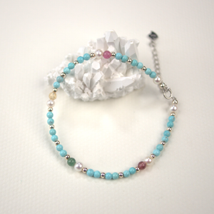 Turquoise Designed Chain Pearl Bracelet -Light Blue